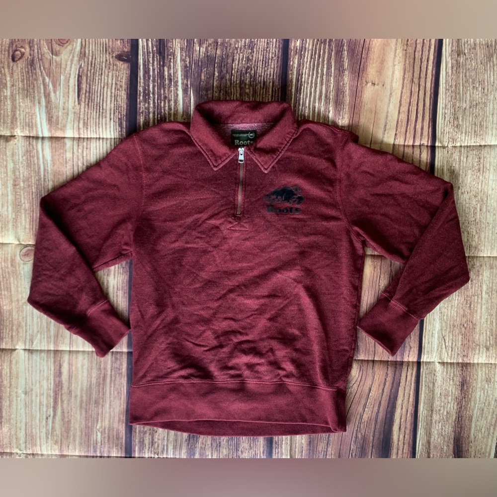 Roots Men's Long Sleeve 1/4 Zip Pullover Collared Burgundy Sweater Size: S
